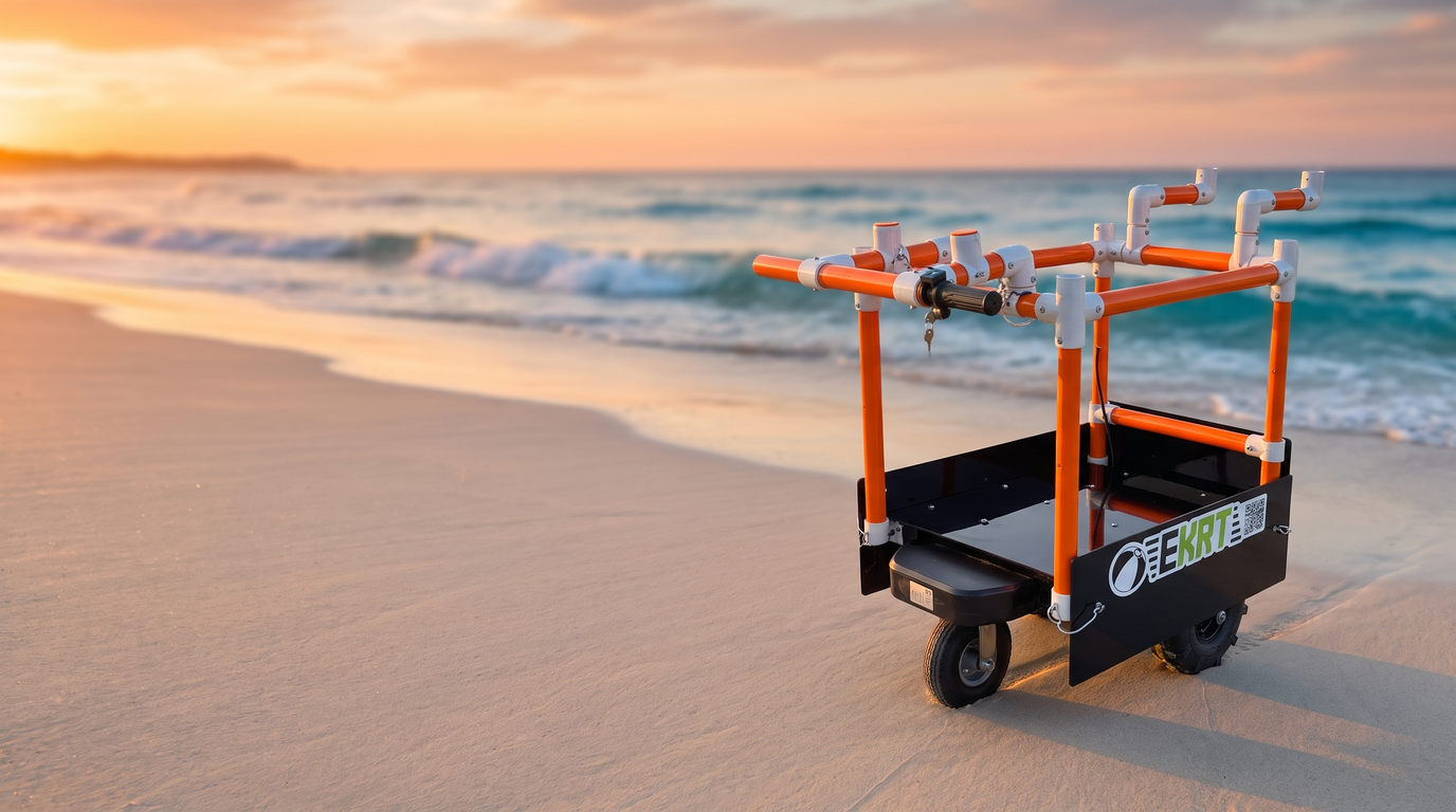 Removable lithium battery being inserted into the e-KRT electric beach cart
