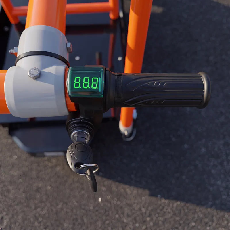 Close-up of the e-KRT twist-throttle handle and control display