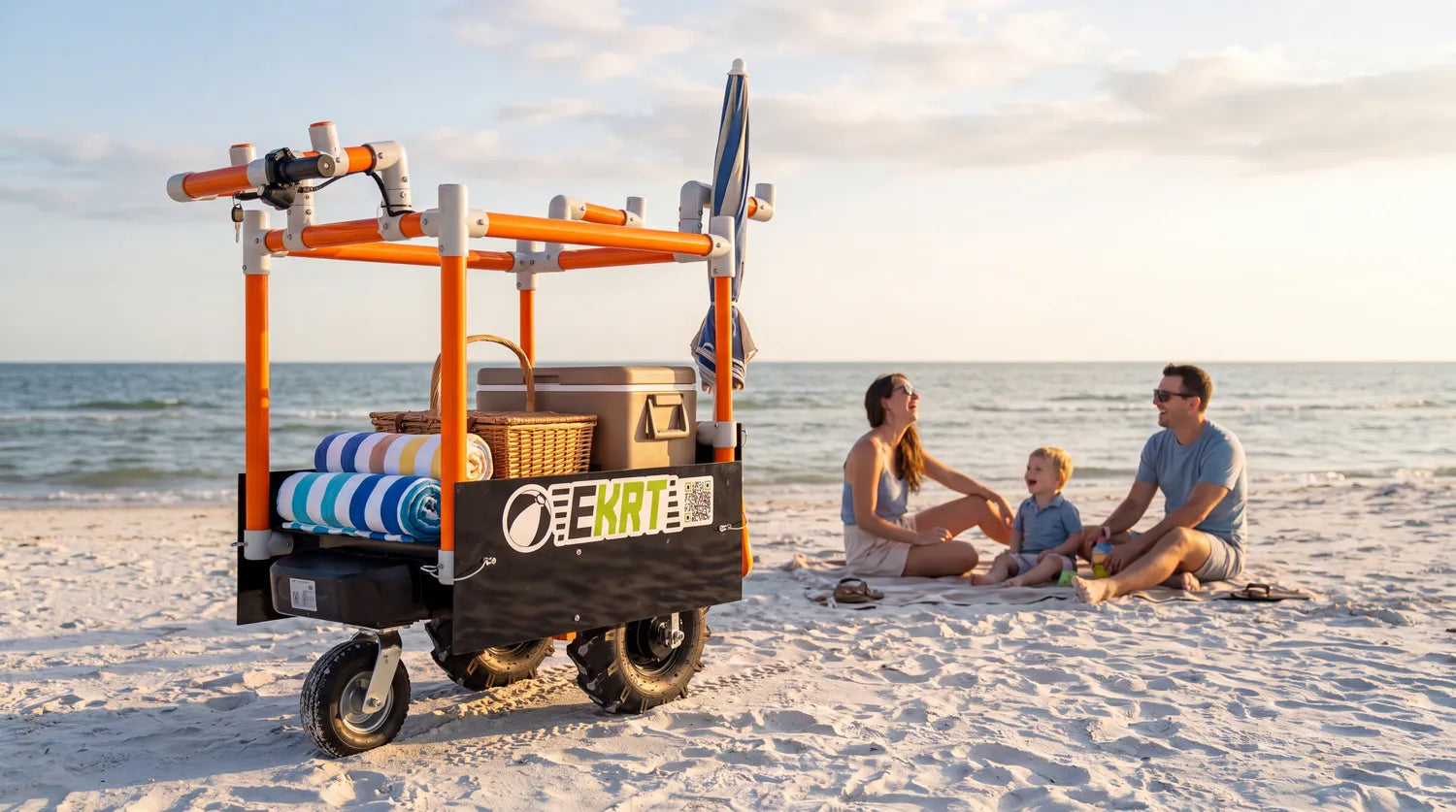 A electric beach cart with orange frame and black wheels is parked on white sand at the beach, with a family sitting nearby and the ocean in the background.