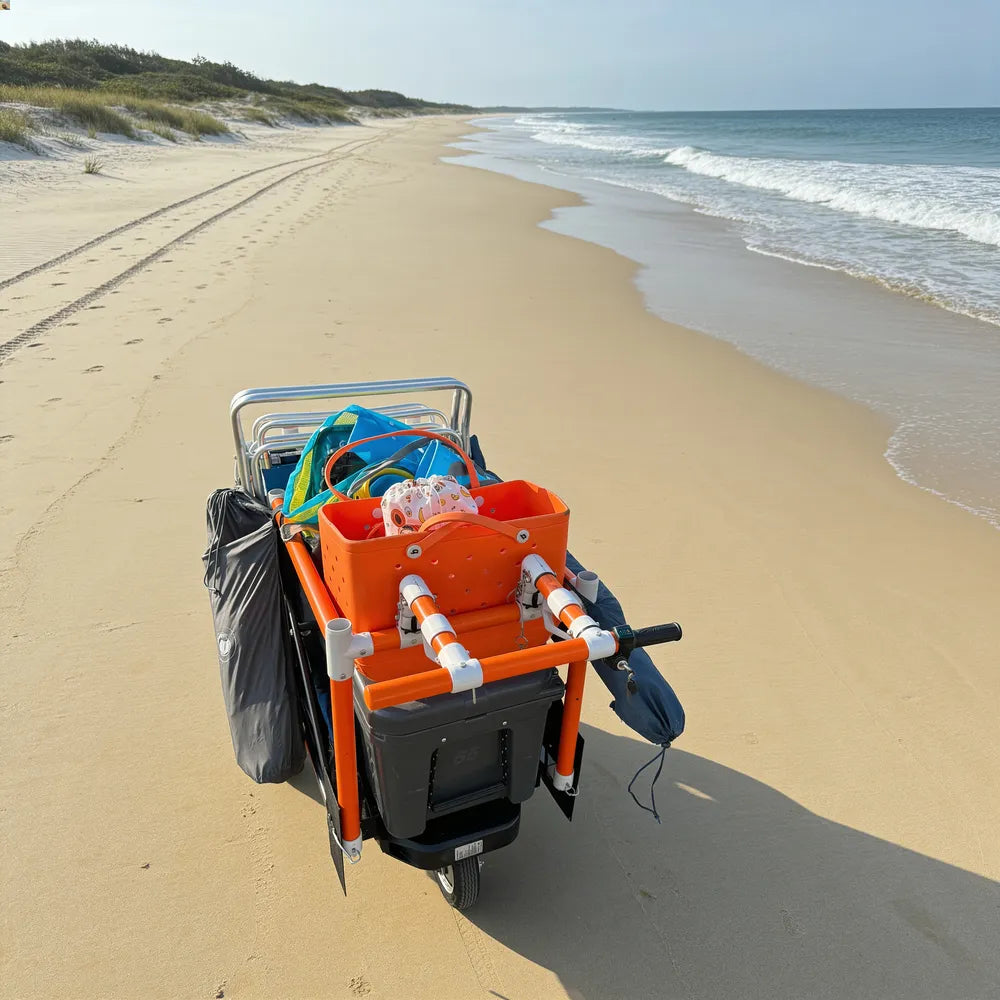 e-KRT electric beach cart shown in water, on sand, at sunset, and in freezing conditions, illustrating environmental limits