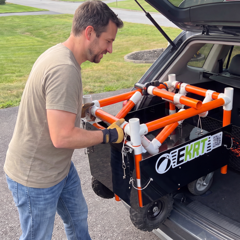 e-KRT electric beach cart folded compactly in an SUV cargo